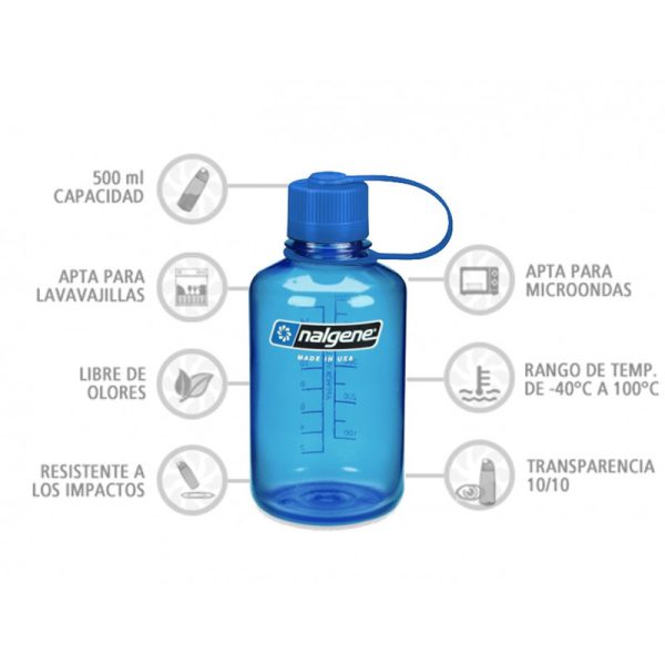 Botella Nalgene Boca Estrecha 0,5 Litros Azul Tapón Azul